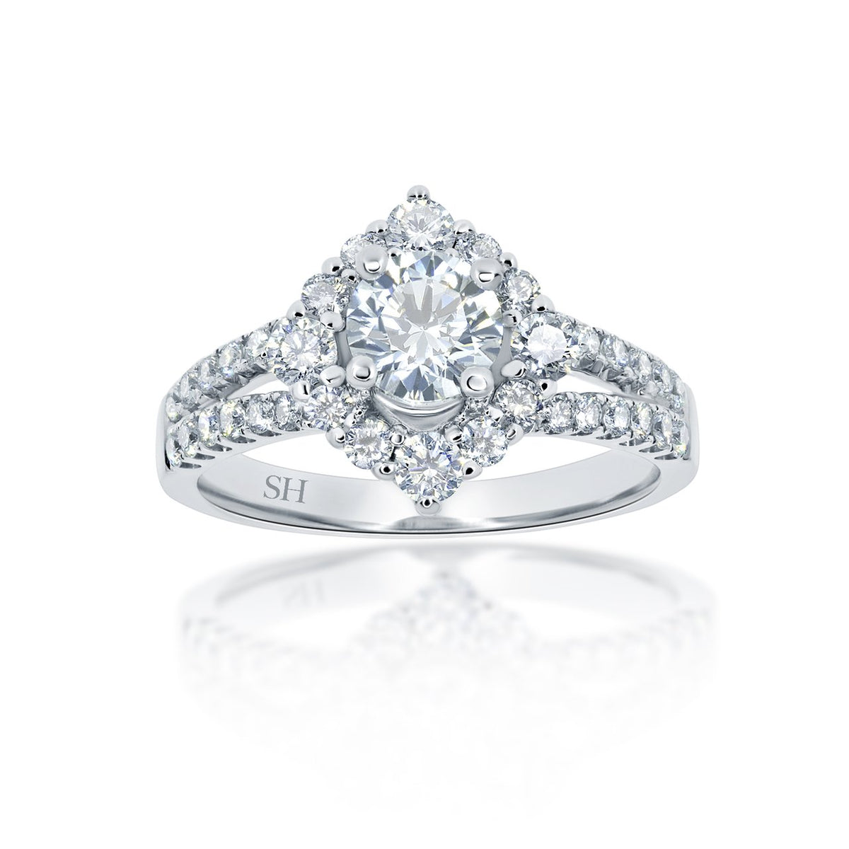 Unique offset halo with twin pavé set diamond band - W0053