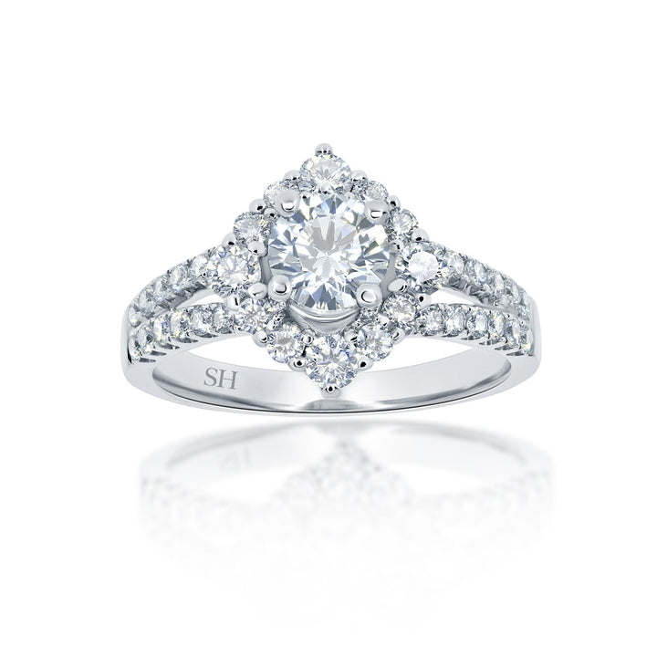 Unique offset halo with twin pavé set diamond band - W0053