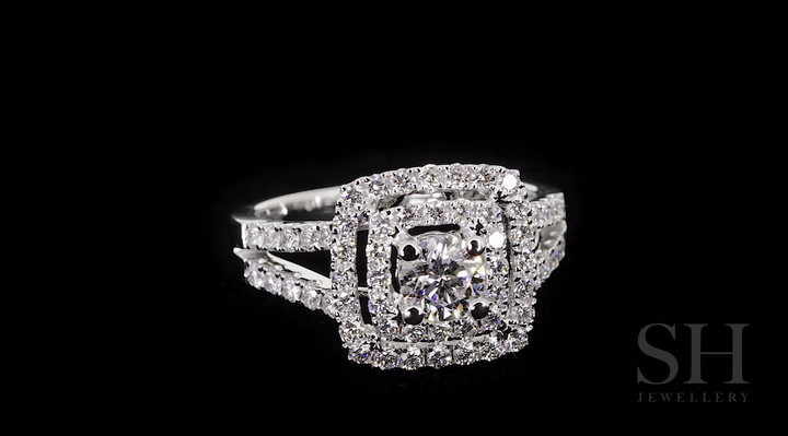 Double halo with twin pavé set diamond band - W0054