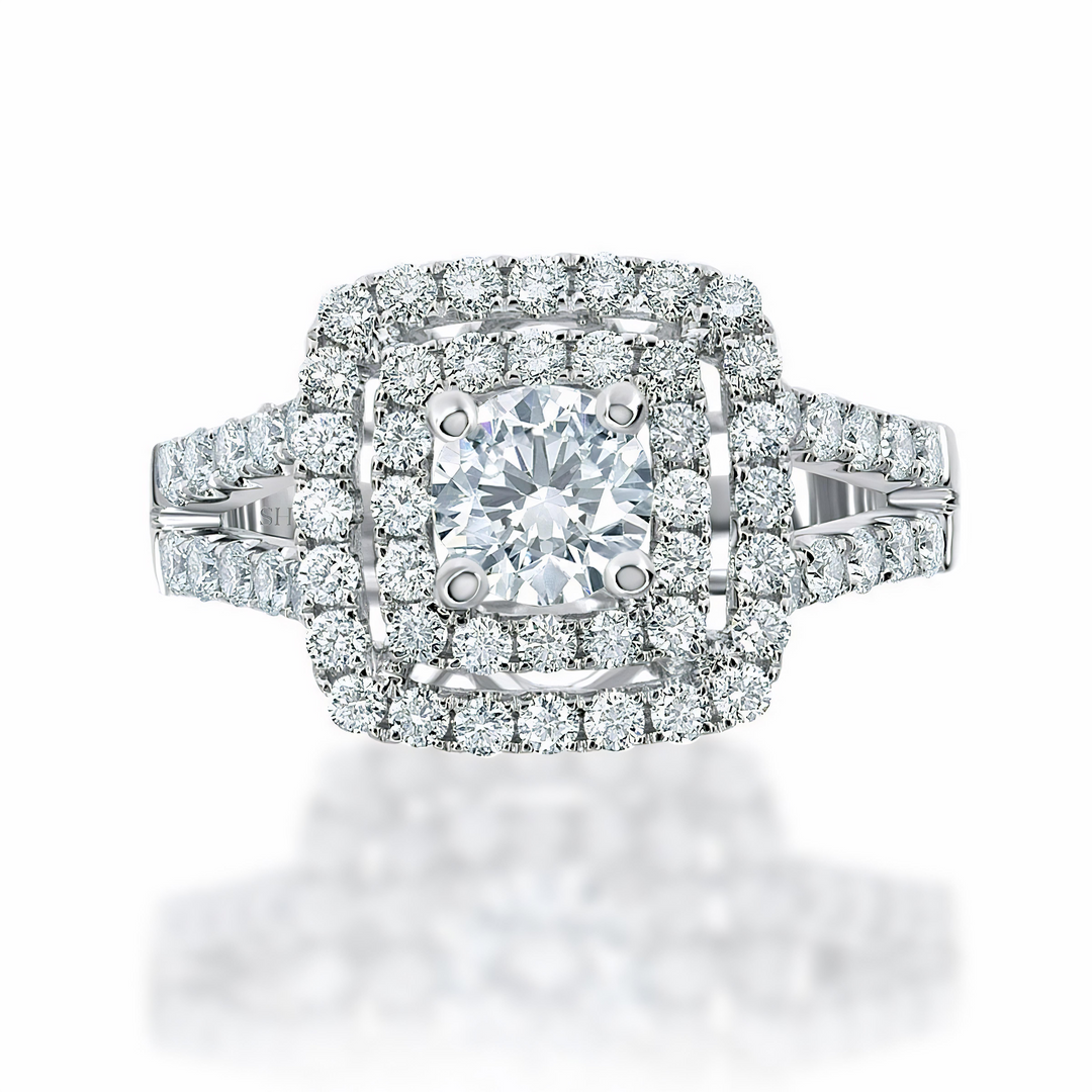 Double halo with twin pavé set diamond band - W0054
