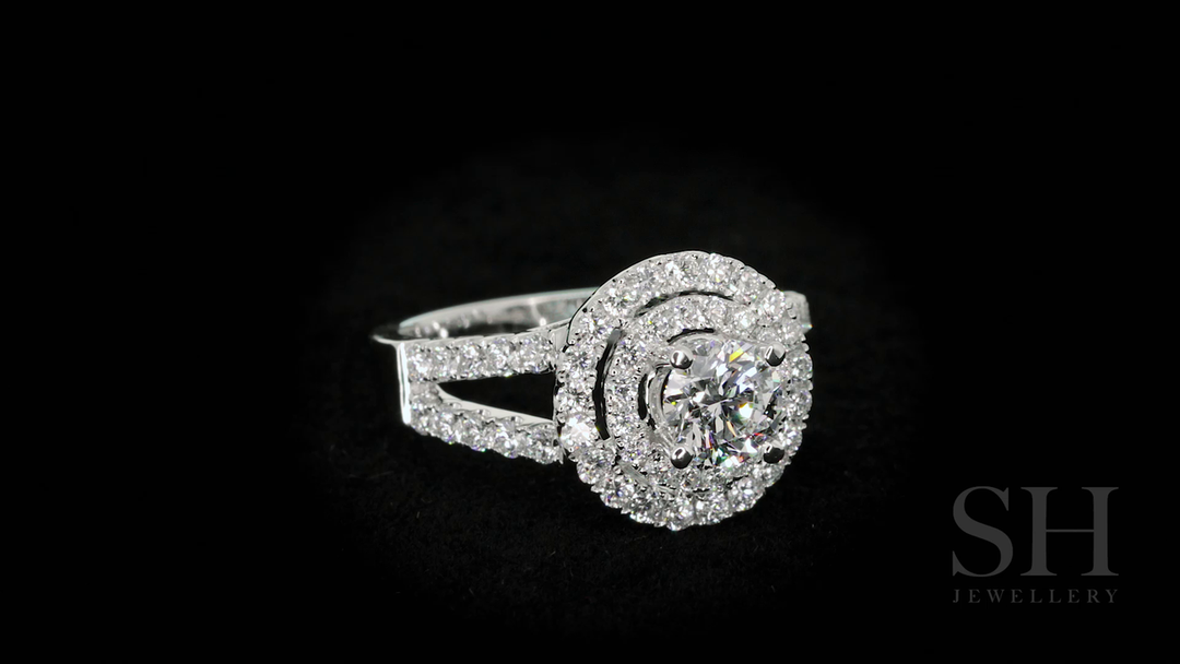 Double halo style diamond engagement ring with twin pavé set band - W0060