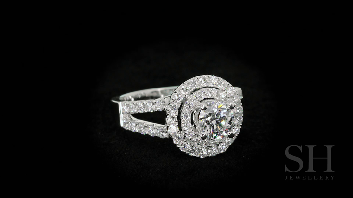 Double halo style diamond engagement ring with twin pavé set band - W0060