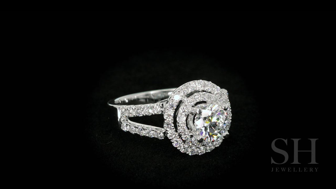 Double halo style diamond engagement ring with twin pavé set band - W0060