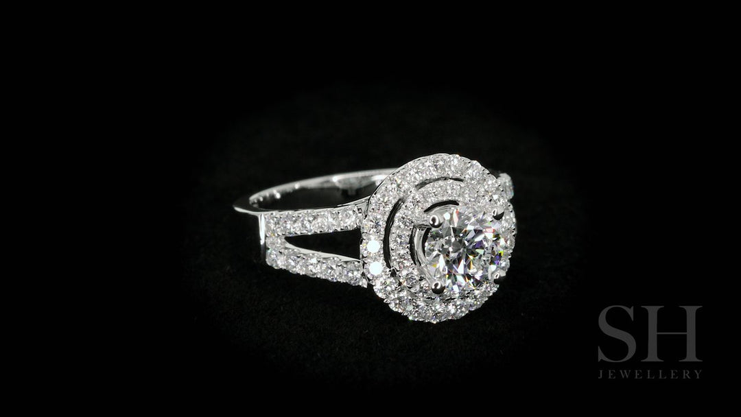 Double halo style diamond engagement ring with twin pavé set band - W0060