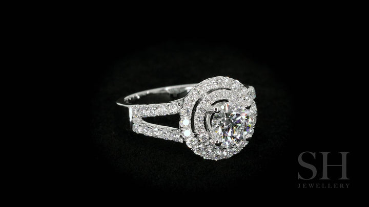 Double halo style diamond engagement ring with twin pavé set band - W0060