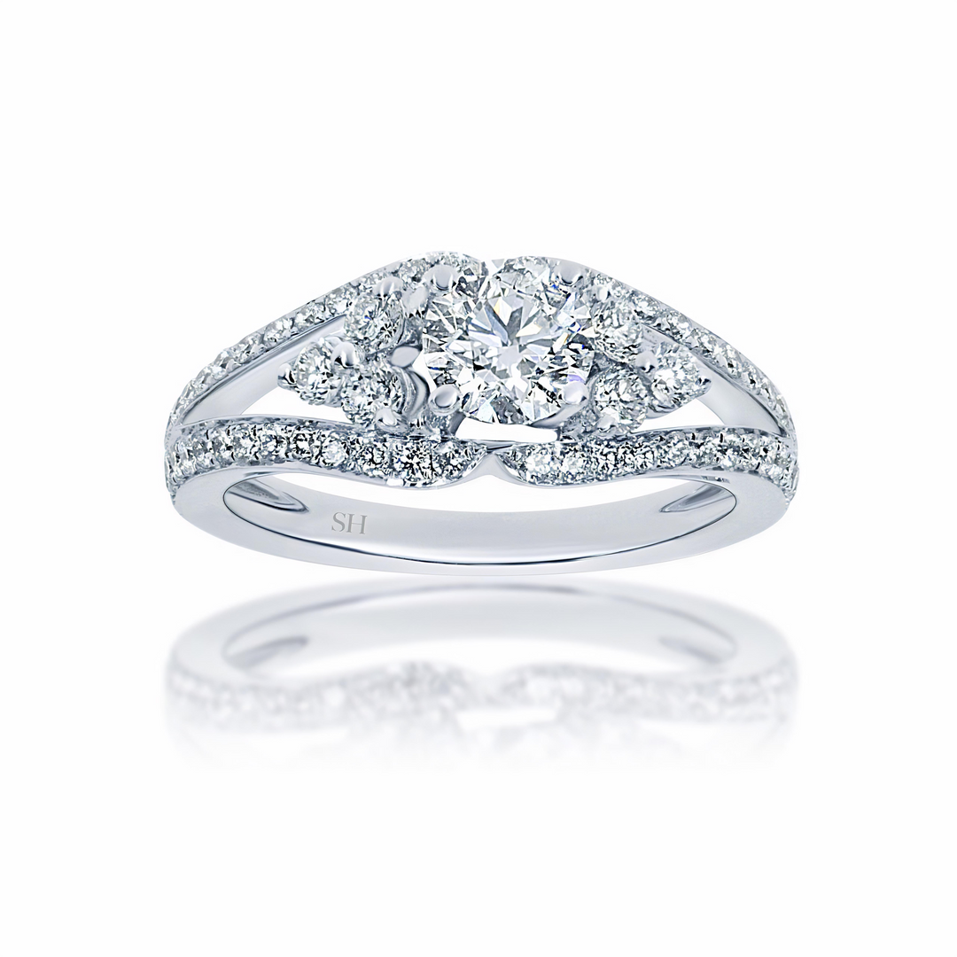 Unique diamond plaque engagement ring with twin pavé set diamond band - W0061