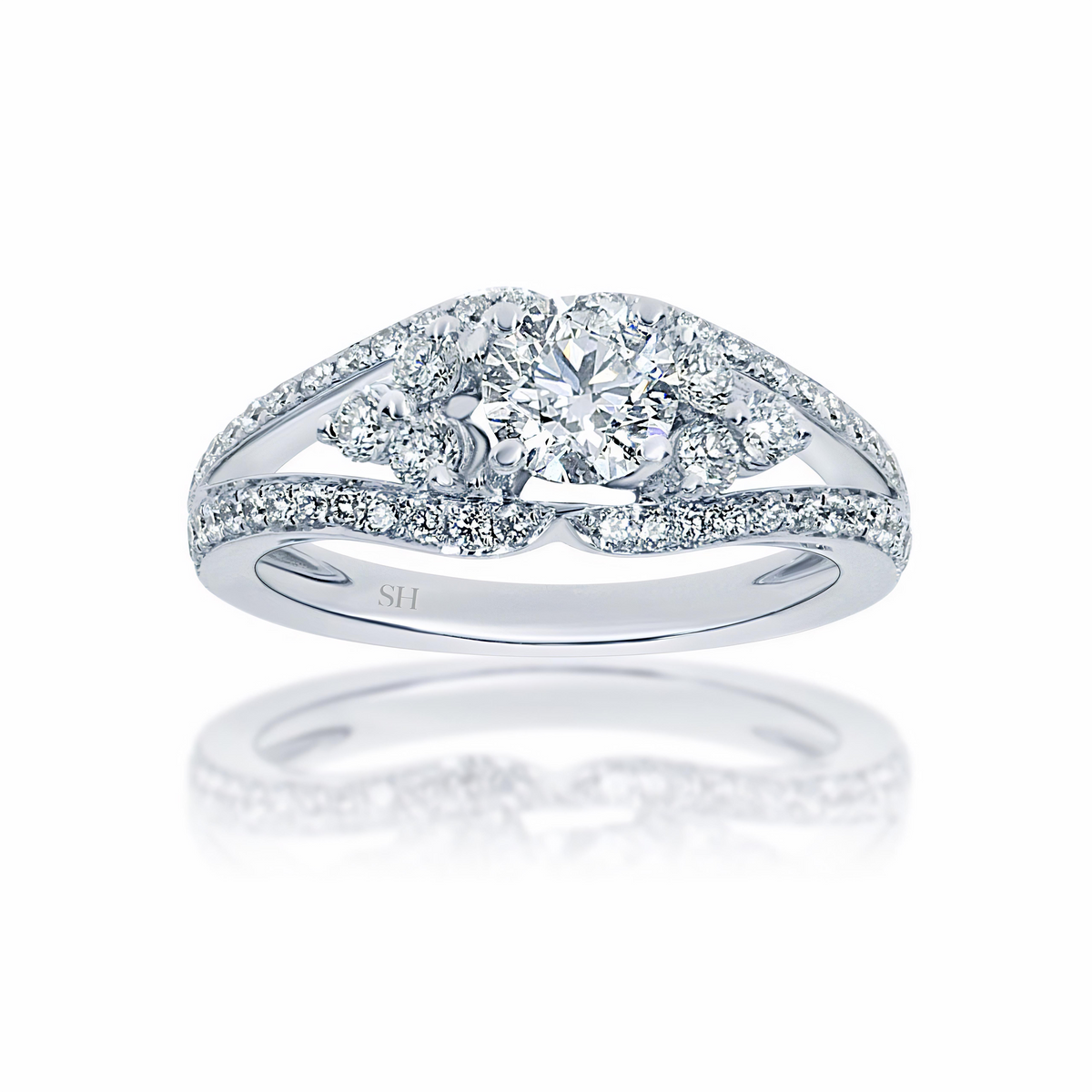 Unique diamond plaque engagement ring with twin pavé set diamond band - W0061