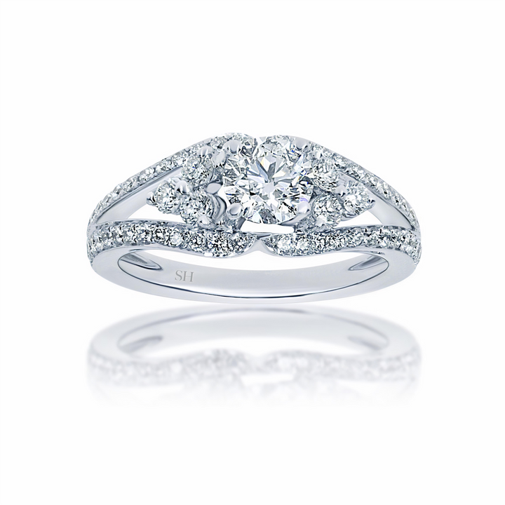 Unique diamond plaque engagement ring with twin pavé set diamond band - W0061