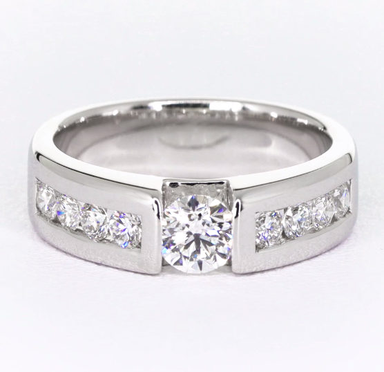 Wedding band with floating round diamond and channel set shoulders (6mm) - W0068