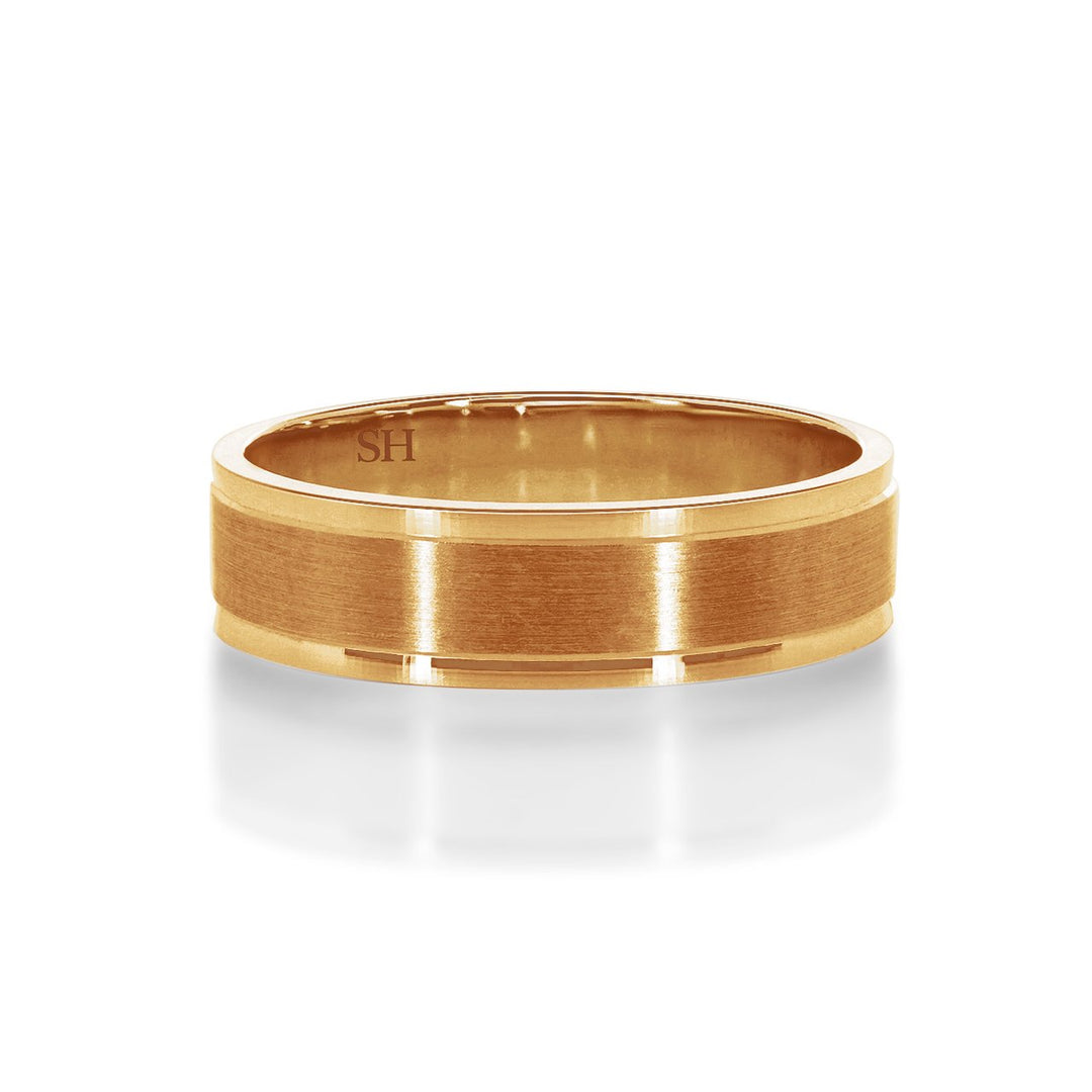 Men's 18k rose gold wedding band with central satin finish R12-055B-W0112.