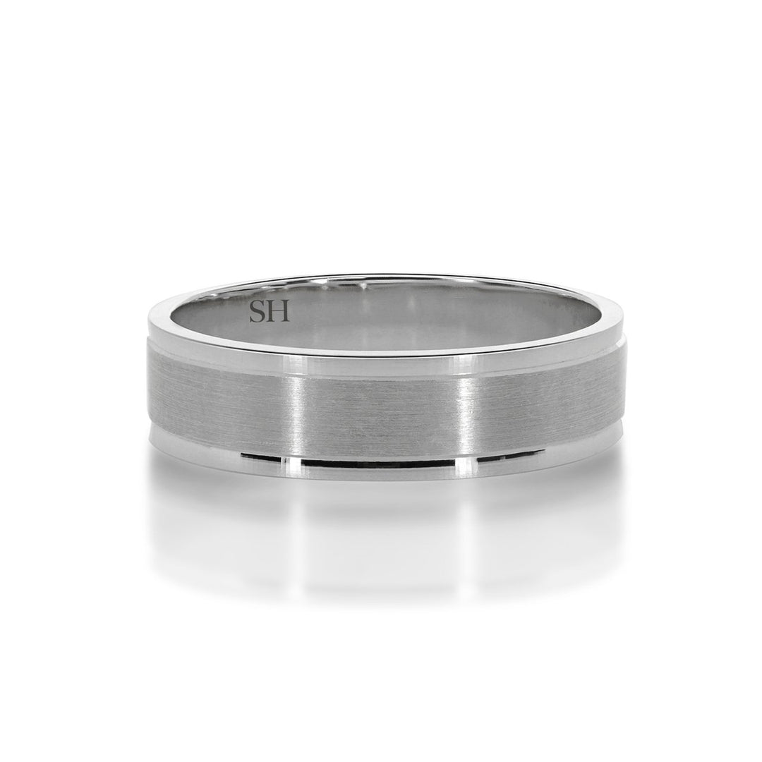 Men's 18k white gold wedding band with central satin finish R12-055B-W0112.