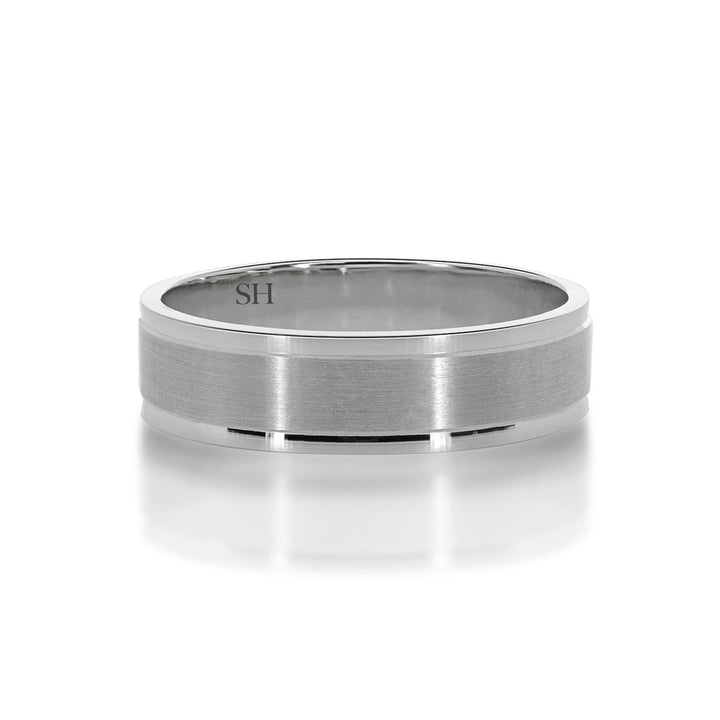 Men's 18k white gold wedding band with central satin finish R12-055B-W0112.