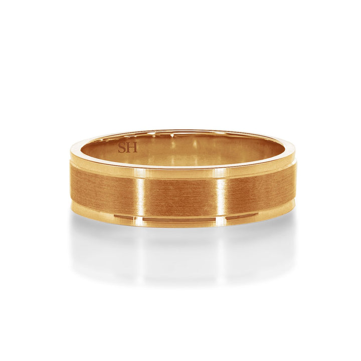 Men's 18k rose gold wedding band with central satin finish R12-055B-W0112.