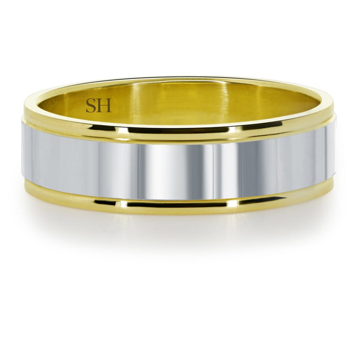 Men's two tone wedding band with central polished finish (6mm) - W0115