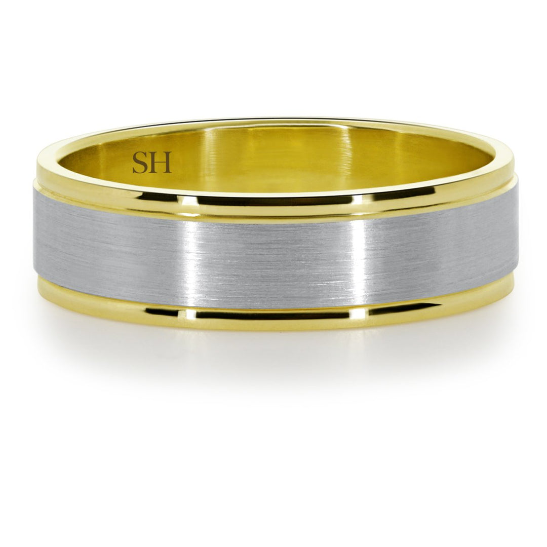 Men's two tone wedding band with central satin finish (6mm) - W0113