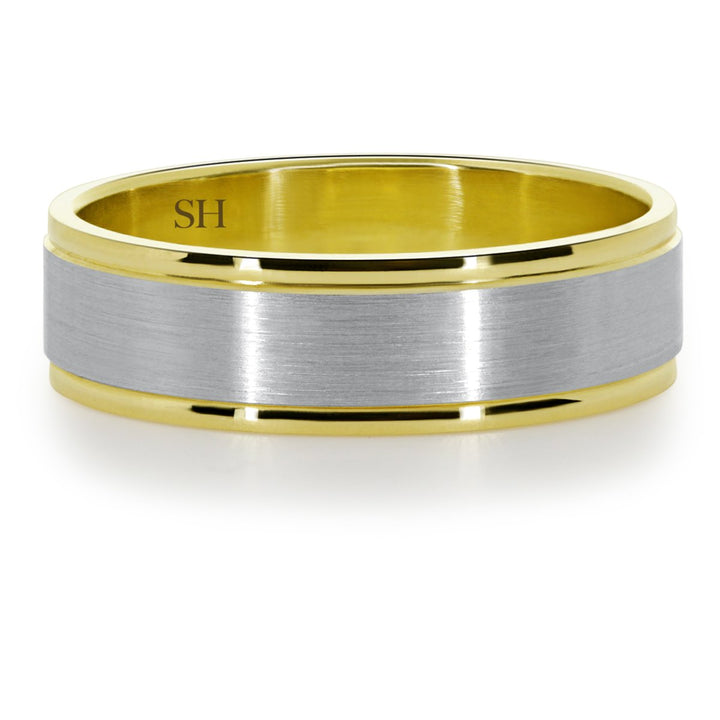 Men's two tone wedding band with central satin finish (6mm) - W0113