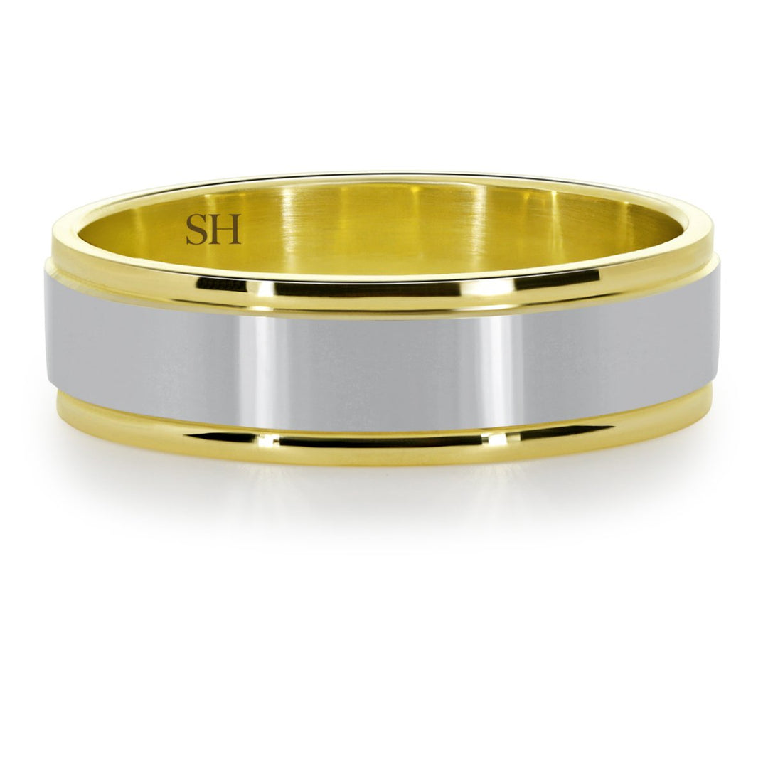 Men's two tone wedding band with central polished finish (6mm) - W0115