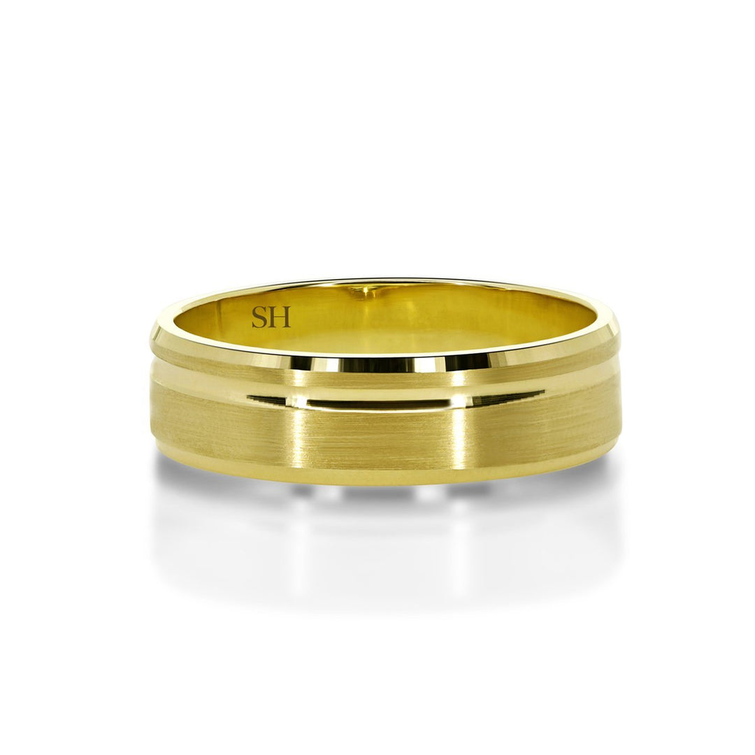 Men's YG Satin Finish Wedding Band Bevelled Edge Offset Groove 6mm - W0136