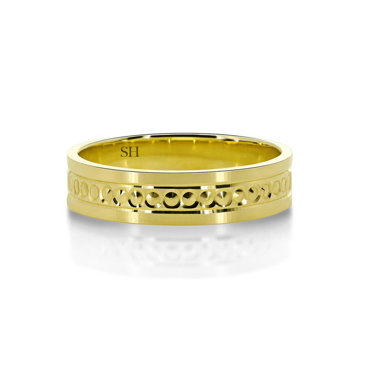 Yellow gold flat wedding band with circular diamond cut centre (5mm) - W0163