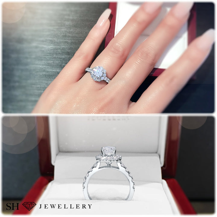 Floral halo style engagement ring with pavé set band - W0251