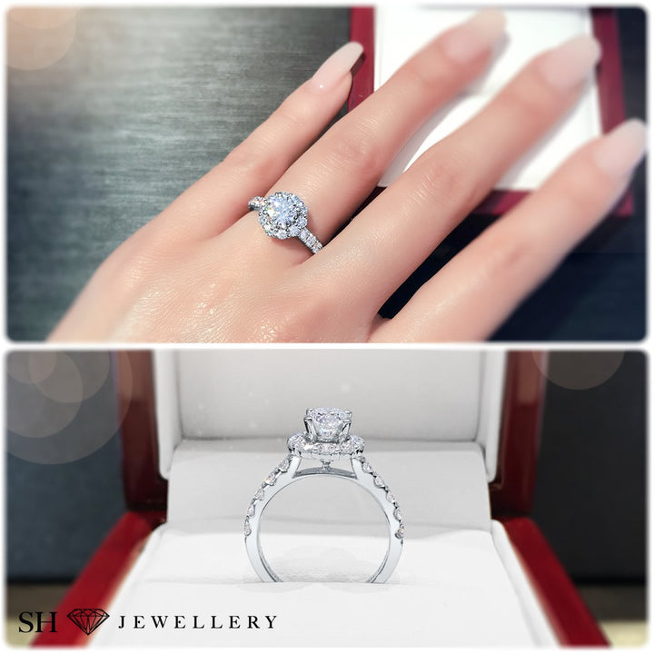 Floral halo style engagement ring with pavé set band - W0251