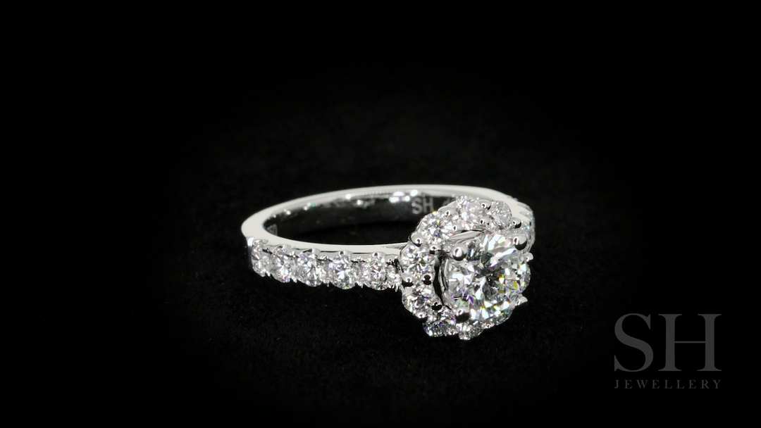 Floral halo style engagement ring with pavé set band - W0251