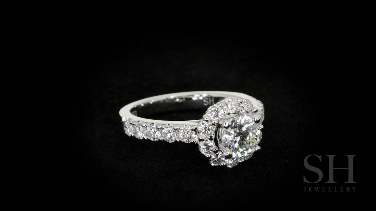 Floral halo style engagement ring with pavé set band - W0251