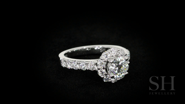 Floral halo style engagement ring with pavé set band - W0251