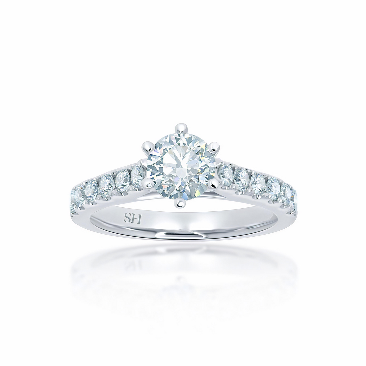 Bold 6-Claw engagement ring with pavé set band - W0253