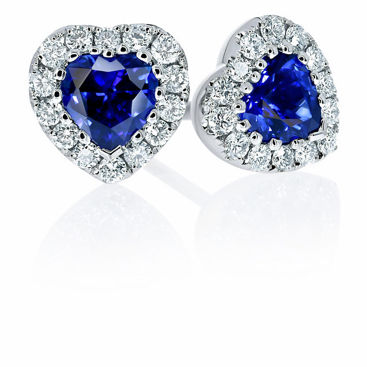 Romantic heart shaped sapphire and diamond halo studs - W0306