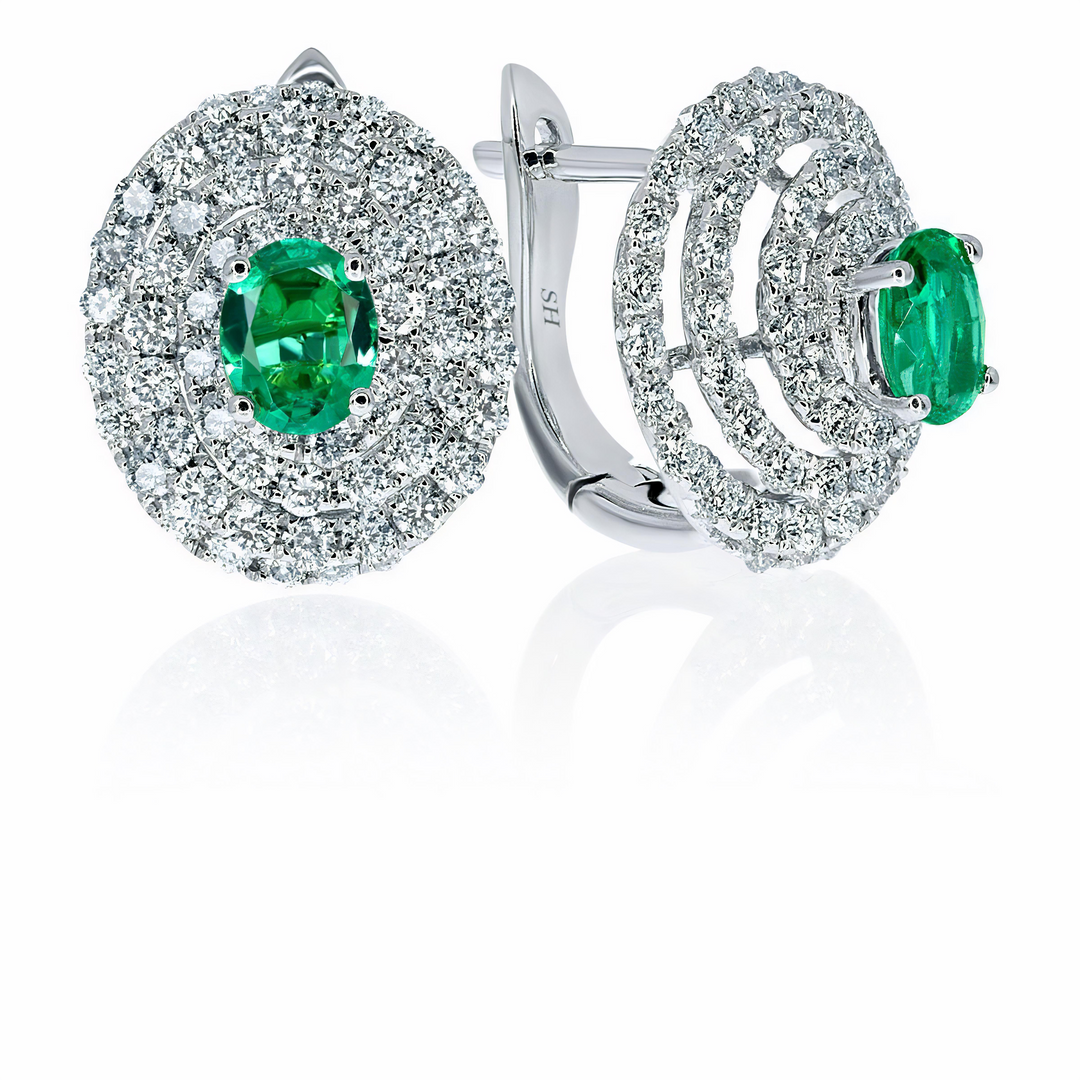 Brilliant spiral diamond halo and emerald stud earrings - W0307