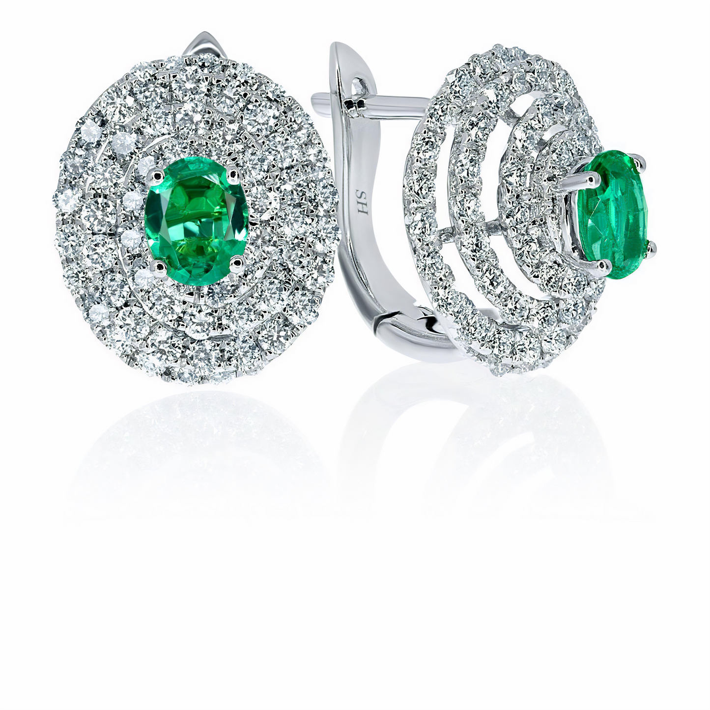 Brilliant spiral diamond halo and emerald stud earrings - W0307