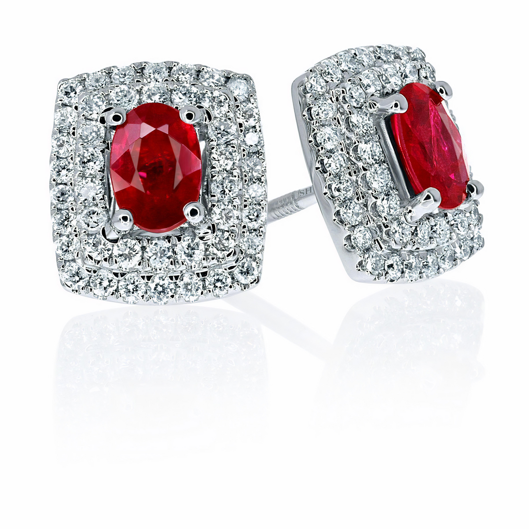 Rectangular cushion double halo diamond and ruby earrings - W0309