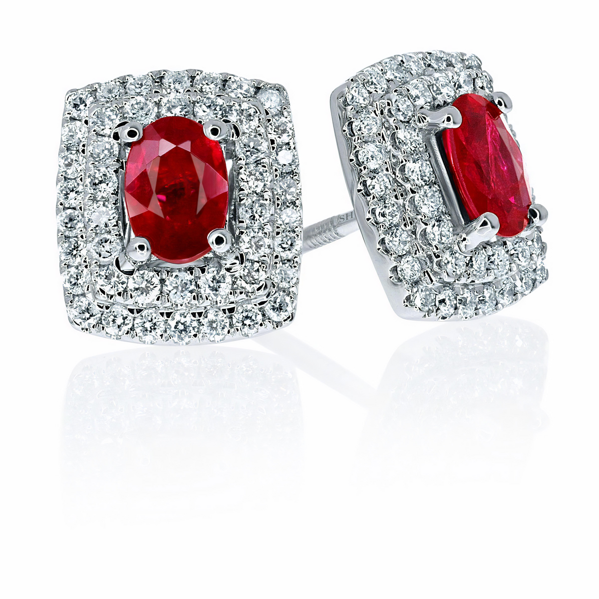 Rectangular cushion double halo diamond and ruby earrings - W0309