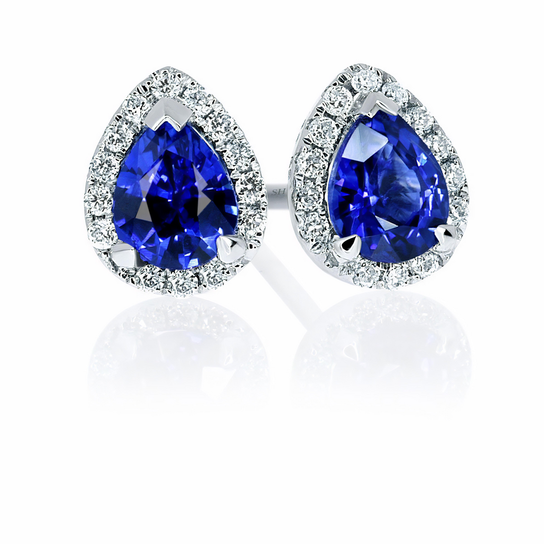 Tiny pear shaped sapphire and diamond halo studs - W0313