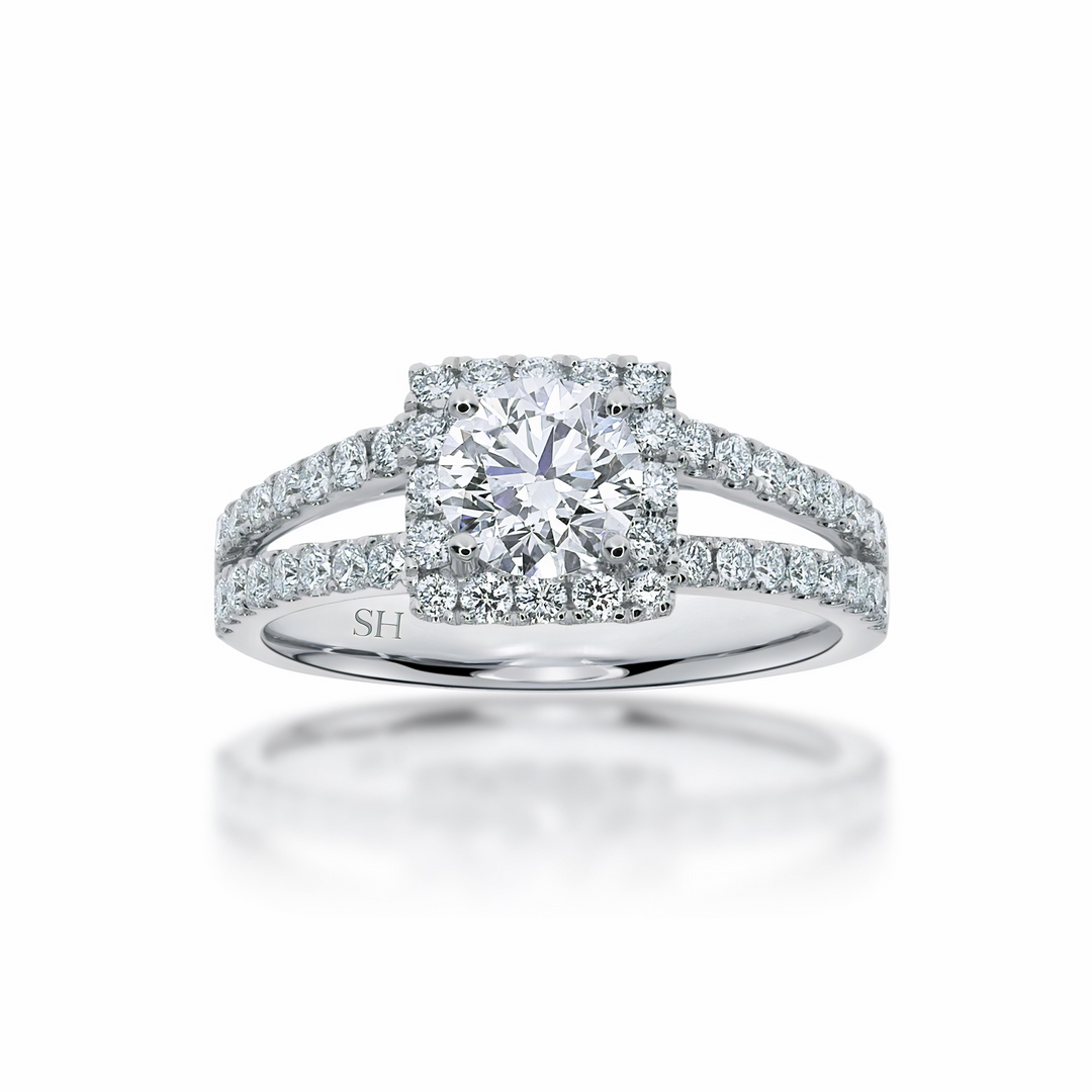 Cushion halo and twin pavé set diamond band - W0345