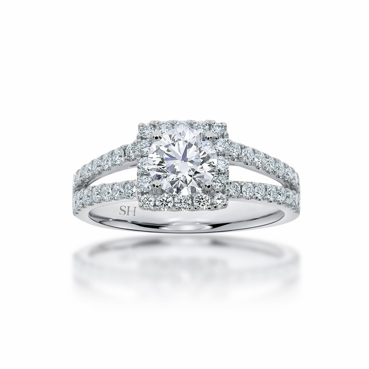 Cushion halo and twin pavé set diamond band - W0345
