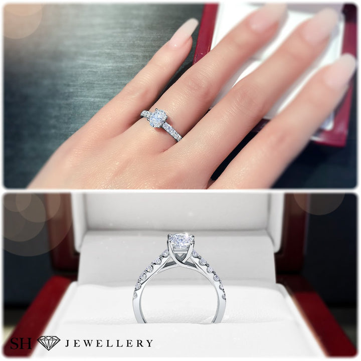 Timeless 4-claw Oval diamond ring with pave set band - W0407