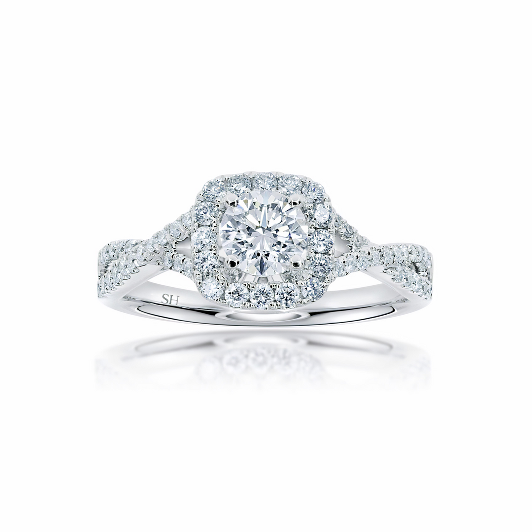 Elegant Cushion shaped halo ring with infinity band - W0410