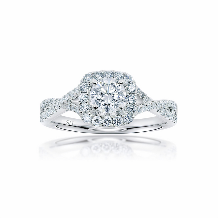 Elegant Cushion shaped halo ring with infinity band - W0410