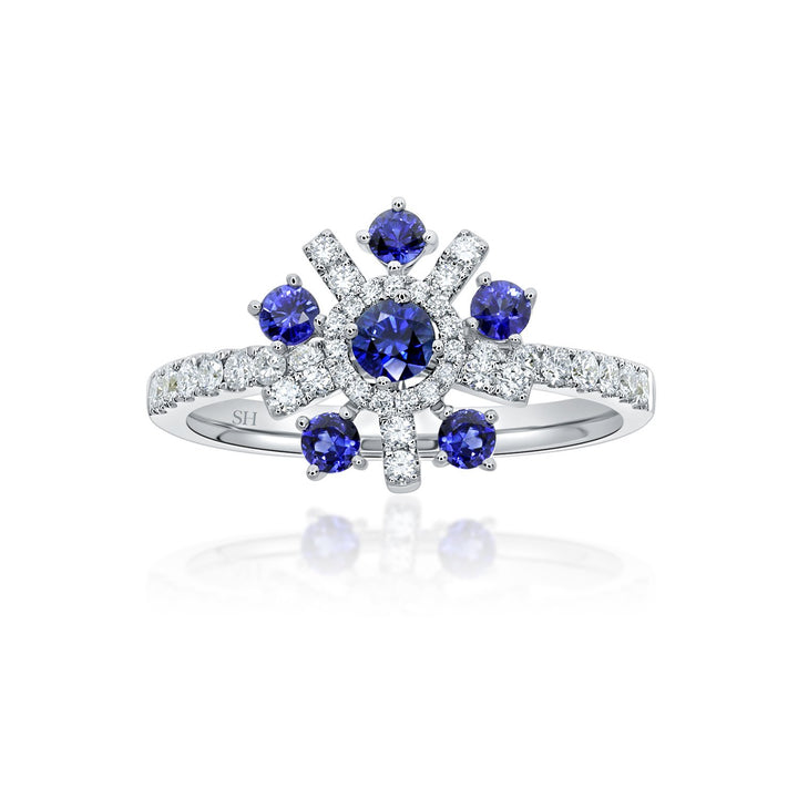 Snowflake sapphire and diamond ring with slim band - W0416