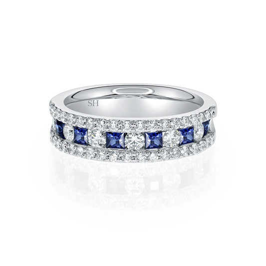 Sapphire and diamond Princess Cut 3-row band - W0419