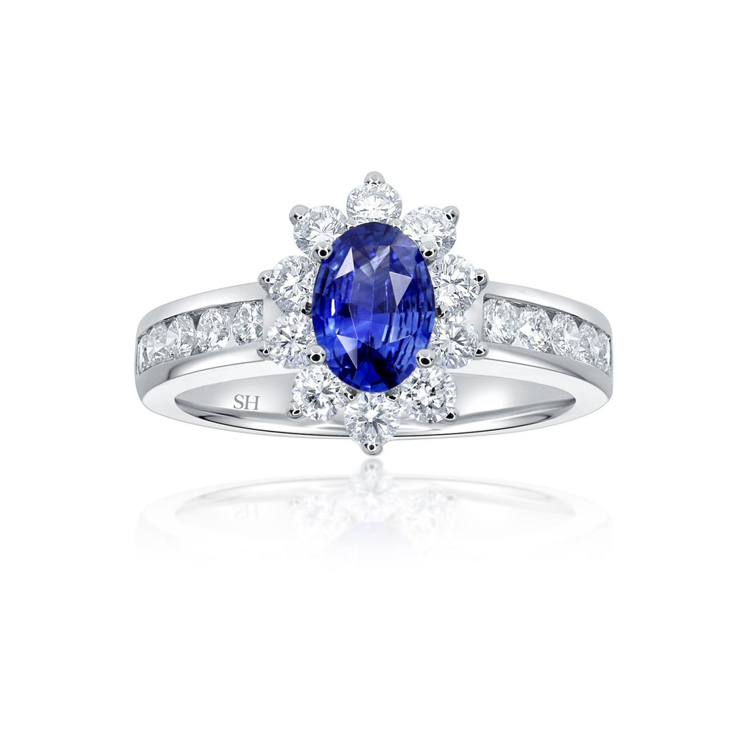 Classic sapphire halo ring with channel set band - W0429