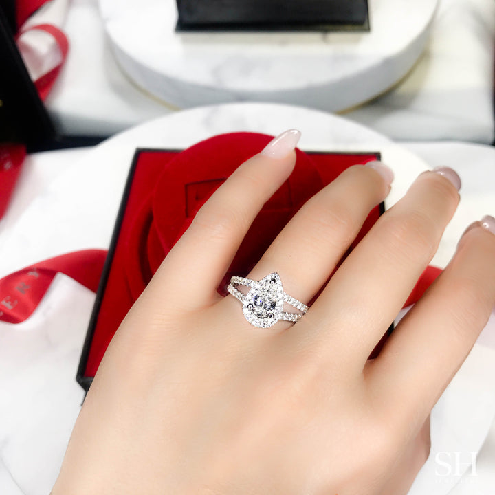 Pear Shaped Halo Ring with Split Pavé Set Band - W0577