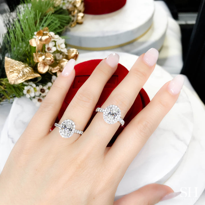 Bold Halo Oval Engagement Ring with Pavé-Set Band - W0584