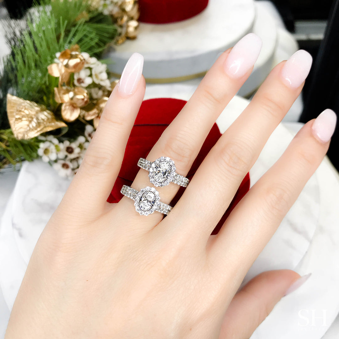 Floral Halo Oval Engagement Ring With Twin Pavé-Set Diamond Bands - W0580