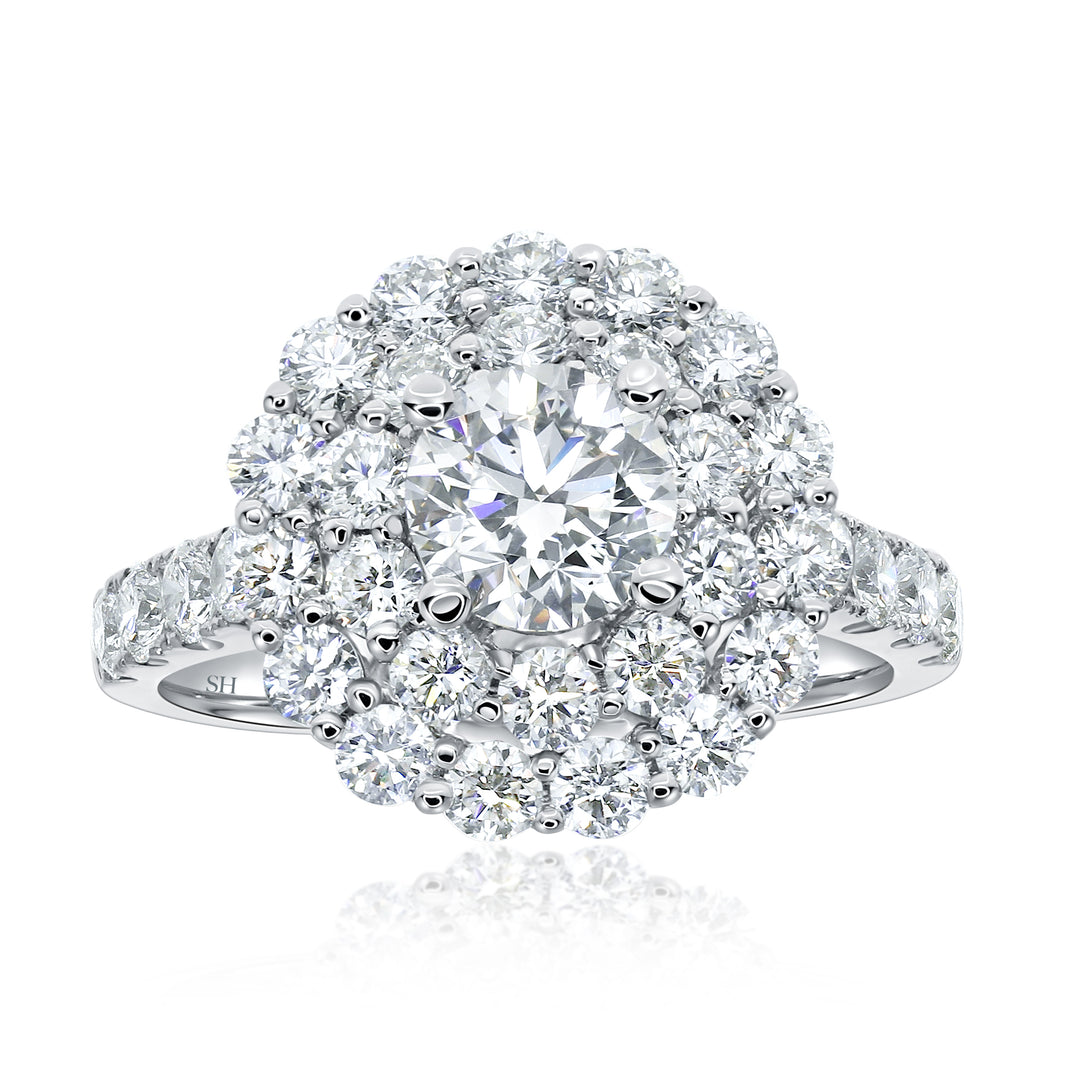 Floral Double Halo Diamond Engagement Ring with Pavé-Set Band - W0587