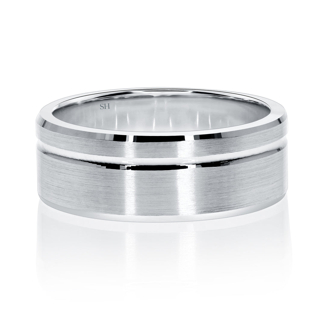 Men's Wide White Gold Satin Finish Wedding Band With Bevelled Edges & Offset Groove (8mm) - W0617