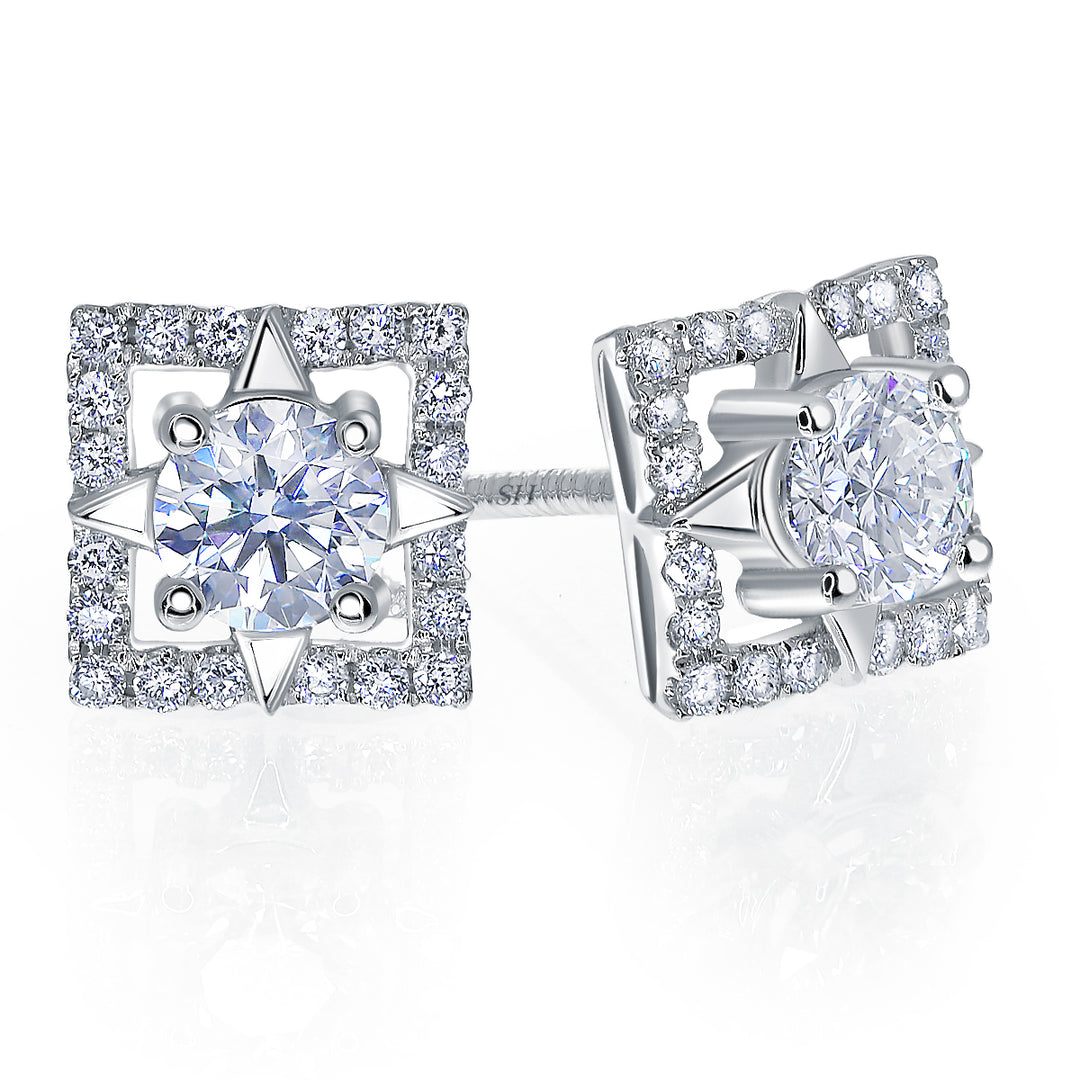 Four-Point Star Square Halo Diamond Earrings - W0633
