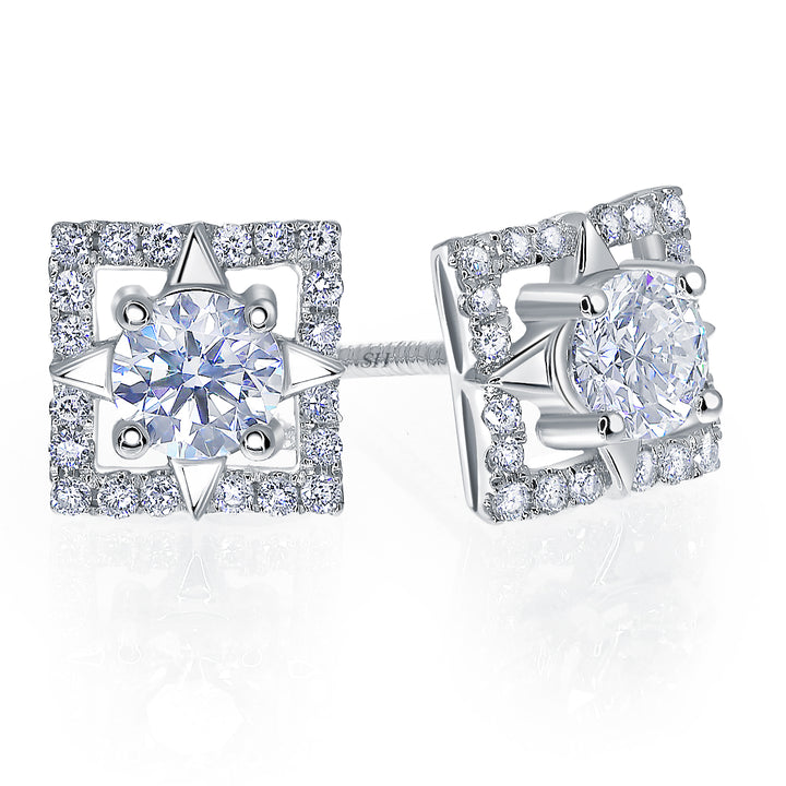 Four-Point Star Square Halo Diamond Earrings - W0633